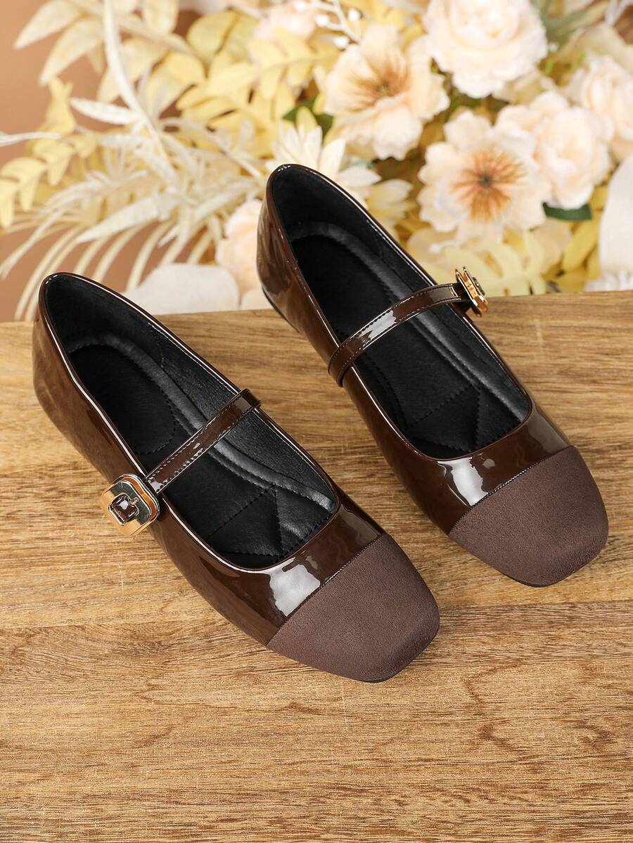 Retro Square Toe Mary Jane Shoes, Strap Flat Shoes For Dress - Brown Velvet - View 1