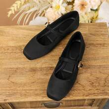 Retro Square Toe Mary Jane Shoes, Strap Flat Shoes For Dress - Black Velvet - View 8