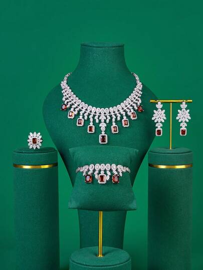 4pcs Luxury Jewelry Set: Necklace, Bracelet, Earrings, Bracelet. Dubai/Middle East Popular Red Square Diamond Necklace, Artificial Diamond Jewelry Set For Banquet, Daily Wear, Wedding Dress. Includes Green Luxury Jewelry Set, Pink Gemstone Diamond Jewelry Set, 5pcs Full Diamond Necklace, Earrings, Ring, Bracelet, Glittering Gift For Girlfriend, Mother, Teacher