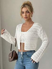 Áo khoác mùa hè dệt kim khoét lỗ dành cho nữ, áo khoác dài tay dáng ngắn buộc dây phía trước, phong cách Y2K thoải mái màu trắng. - Màu be - Xem 3