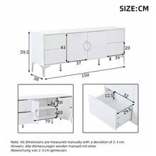150*38*59,5cm Beistellschrank, Wohnzimmerschrank mit 4 Schubladen, 2 Schranktüren, Esszimmerschrank, Hochglanz Aparador, Ein Kommode mit Metallstützfüßen, breite grifflose Schließfächer, Weiß, MDF - Weiss - Übersicht 5