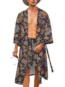 Men's Casual Vacation Cardigan Robe - Bohemian Style Floral Print, Hawaiian Open-Front Long Cardigan Shawl With Belt And Side Pockets, Suitable For Beach, Pool, Home Wear, Or Outdoor Camping. Loose Fit, An Excellent Holiday Gift. Three-Piece Home Robe Set: Long Robe + Shorts + Belt - 混合色3 - 查看 12