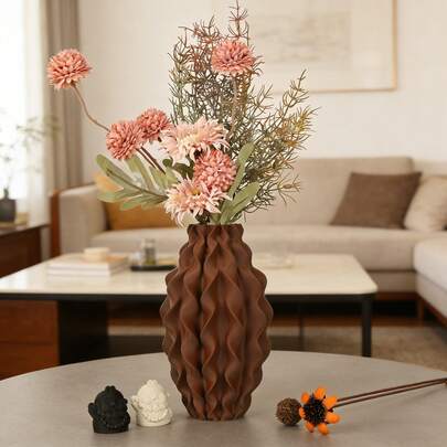 1pc Artistic Pleated Plastic Vase, Self-Contained High-End Wavy Pattern Flower Pot, Highly Designed 3D Textured Shape, Minimalist Style Suitable For Various Home Decor