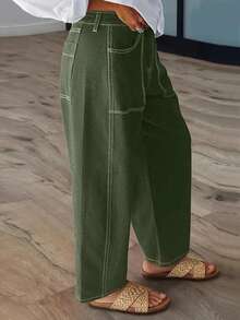 Jeans amples et décontractés à jambes larges avec poches, pour le printemps - Militaire verte - Voir 3