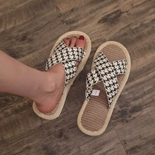 Linen Criss-Cross Slippers, Houndstooth Pattern Design, Unisex Casual House Slippers For Indoor & Outdoor Wear, Spring/Summer - Women's Slippers - View 2