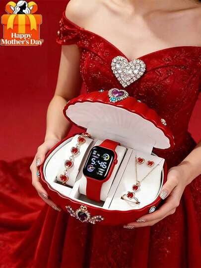 Bộ 6 món/1 chiếc, Đồng hồ LED kỹ thuật số vuông mới, phù hợp cho cả nam và nữ, đi kèm với bộ trang sức hình trái tim đính đá lấp lánh tinh tế bao gồm dây chuyền, vòng tay, bông tai và nhẫn. Hoàn hảo cho những buổi gặp gỡ hàng ngày, các bữa tiệc theo chủ đề hoặc du lịch, chiếc đồng hồ này cũng là một món quà ý nghĩa dành tặng mẹ hoặc bạn bè vào Ngày của Mẹ, mùa tựu trường và các ngày lễ khác.