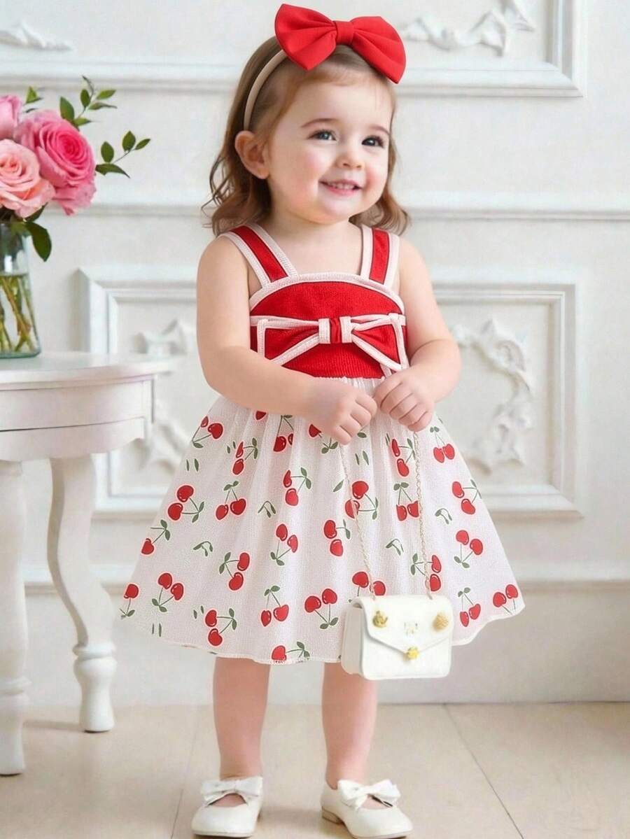 2 pezzi/set Abito da principessa e fascia per capelli con fiocco per bambine, stampa a ciliegie, colore a blocchi, morbido e confortevole, adatto per uso quotidiano, vacanze, feste - Multicolore - Visualizzare 1