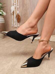 Giày sandal bít mũi nhọn kiểu Pháp thanh lịch, đế mỏng, đính kim loại, mẫu mới mùa xuân/hè, giày cao gót đa năng cho hẹn hò, đi làm. - màu đen - Xem 5