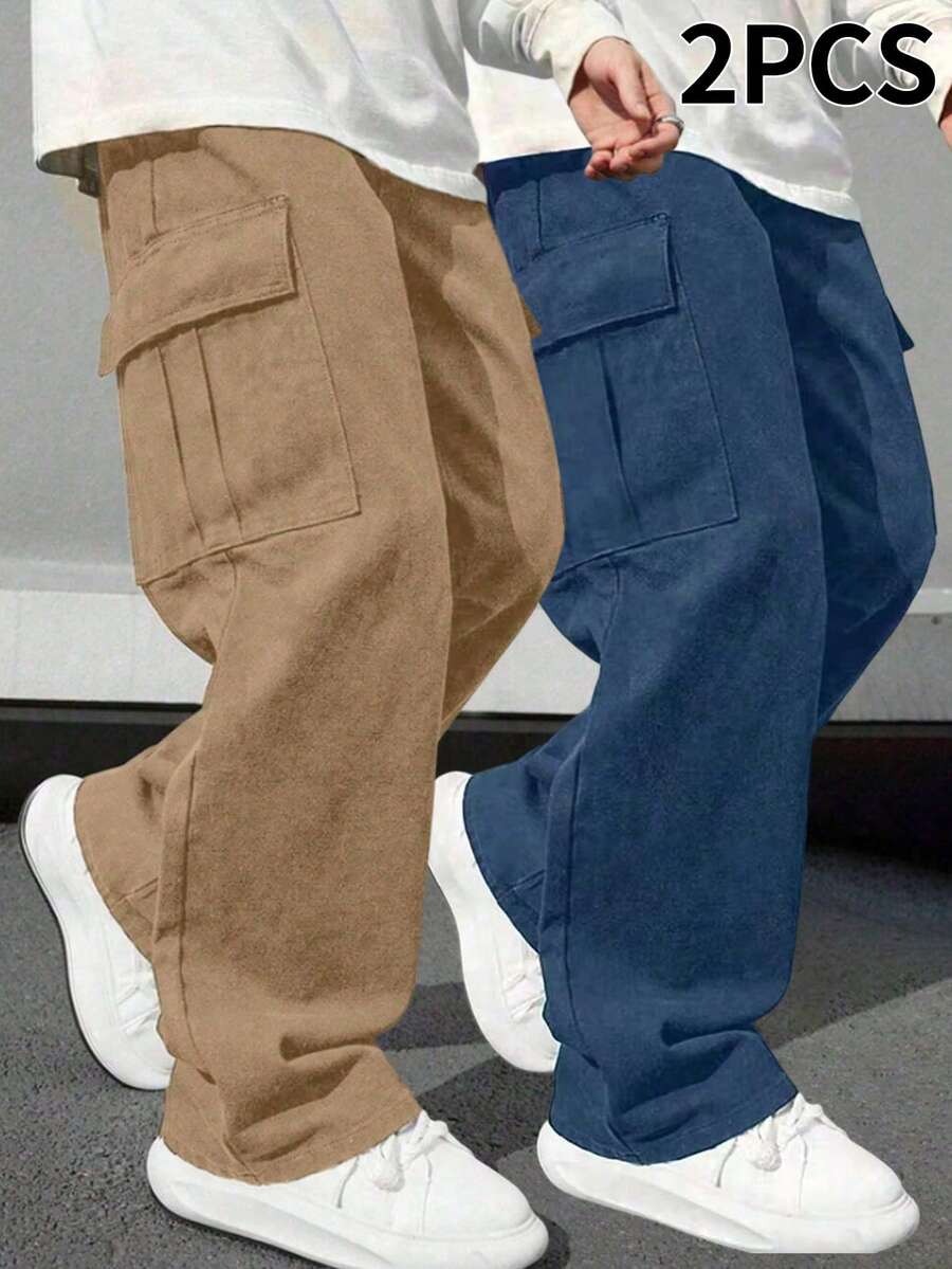 2件套 男童/青少年休闲户外运动工装裤，带大口袋，轻便款式，适合春秋季穿着 - 寶藍色 - 查看 1
