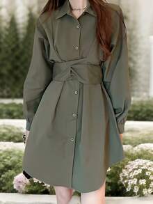 Women Midi Dresses - Olive Green - View 3