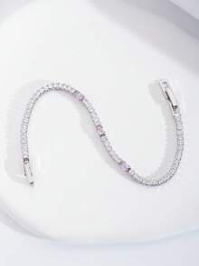 1 Set Luxury Elegant Cubic Zirconia Inlaid Rectangular Bracelet, Suitable For Women's Wedding & Party Wear, Excluding Gift Box - View 4