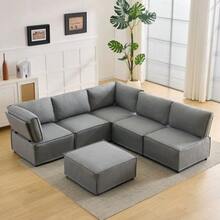 Set Of Semi-Compressed Modular Wooden Sofas, Versatile, Flexible And Easy To Connect, Suitable For Any Type Of Home, Upholstered In Beige Linen Fabric (Combination 2A+3B+C). - Light Grey - View 2