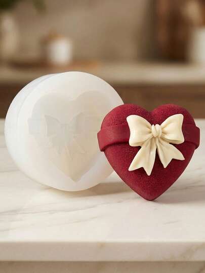 1 khuôn silicon hình trái tim và nơ, thích hợp để trang trí bánh cưới, bánh ngày Valentine, bánh sinh nhật, sô cô la, bánh pudding.