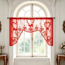 1 pieza Cortina de encaje rojo romántico con lazo de rosa en forma de corazón melocotón, cortina transparente romántica elegante para café, con bolsillo para barra, adecuada para dormitorio, comedor, baño, ventanas pequeñas de entrada, decoración de boda - Rojo - Ver 4
