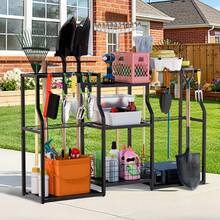 UNHO Multi-Tier Freestanding Garden & Garage Tool Organiser Heavy Duty Storage Rack With Mesh Baskets & Tool Hooks - Black - View 3