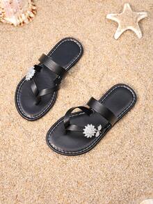1 Pair Girls' Delicate Rhinestone Flower Slide Sandals For Versatile Outdoor Summer Use - Black - View 1