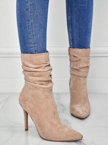 Botas de moda con cremallera lateral, punta puntiaguda y pliegues para mujer, de ante con tacón de 10 cm, elegantes y delgadas para uso en exteriores, para otoño/invierno - Caqui - Ver 15