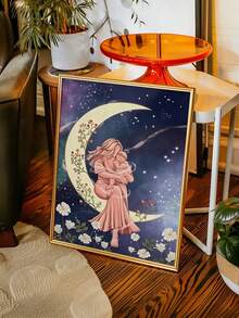 1幅以治愈系浪漫母爱为主题的装饰艺术画：艺术海报，描绘了星空、新月、野花和一位抱着宝宝的母亲——波西米亚风格。非常适合儿童房、婴儿房、客厅和卧室的墙面装饰。无框。 - 抽象 - 查看 1