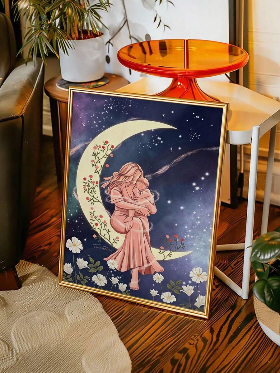 1幅以治愈系浪漫母爱为主题的装饰艺术画:艺术海报,描绘了星空、新月、野花和一位抱着宝宝的母亲——波西米亚风格。非常适合儿童房、婴儿房、客厅和卧室的墙面装饰。无框。 - 抽象 - 查看 1
