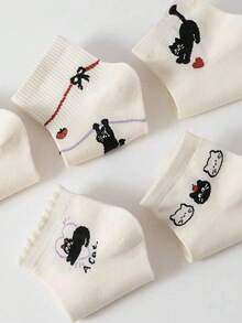 5双装女士卡通猫咪短袜，时尚蕾丝边休闲袜，轻薄透气春夏袜 - 彩色 - 查看 3