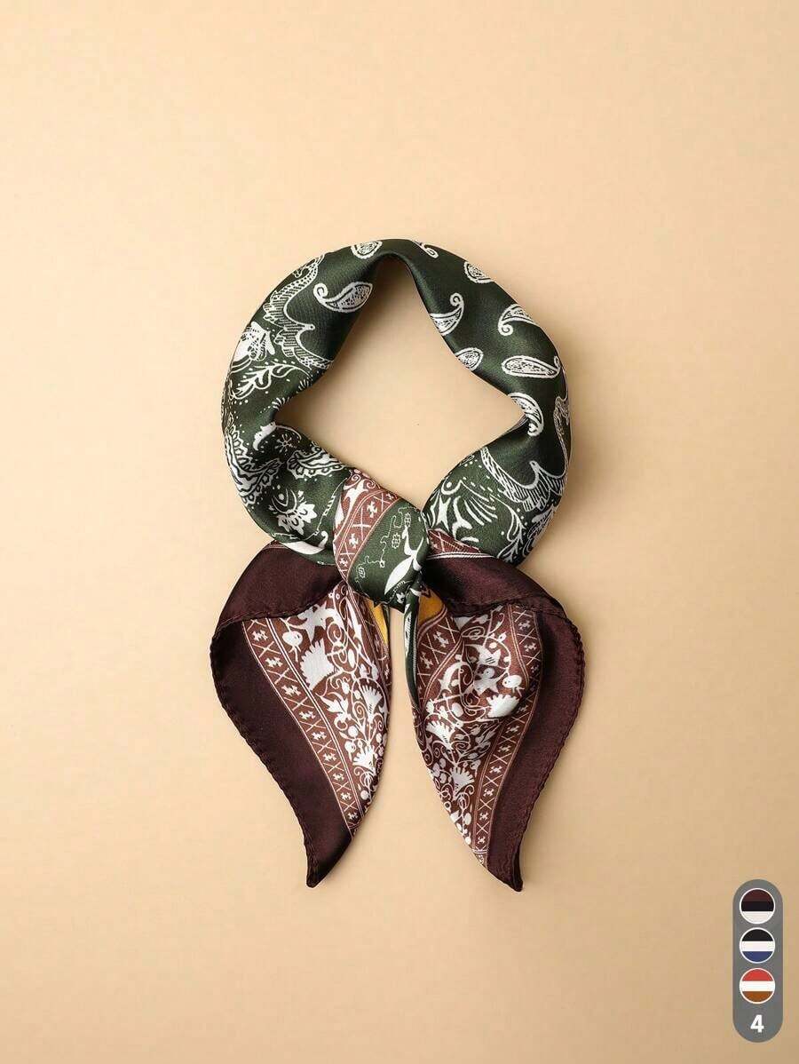 1pc Polyester Paisley Print Patchwork Silk-Like 60cm Square Scarf, Versatile Men's Bandana Neckerchief - 棕色邊緣 - 查看 1