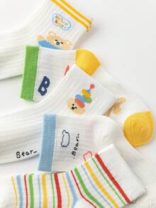5双夏季清爽儿童袜，简约条纹卡通熊图案男童网眼薄款中筒袜 - 彩色 - 查看 5