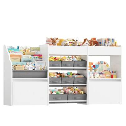 Toy Storage Unit, 3-Tier Bookshelf, Toy Organiser With 8 Fabric Bins, 3 Open Shelves, 2 Wheeled Drawers