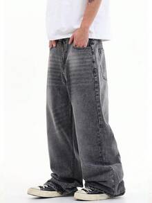 1pc Justice Brother Casual Versatile Vintage Washed Loose Fit Wide Leg Jeans, Unisex - Grey - View 4