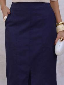 Linen Midi Skirt With Stylish Slit And Flexible Waistband - 藏蓝色 - 查看 5