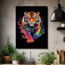 Kit de pintura de diamantes con un tigre neón colorido, decoración artística con taladro completo en estilo abstracto, parche de tela de bordado hecho a mano para arte de pared en sala de estar, dormitorio o pasillo, un regalo de poder y energía misteriosos, producto terminado sin marco - Enmarcado - Ver 4