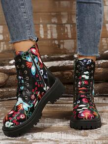 Girl's Fashionable Ankle Boots, Floral Lace-Up Unisex Ankle Boots, Combat Style Streetwear Boots - Black - View 2