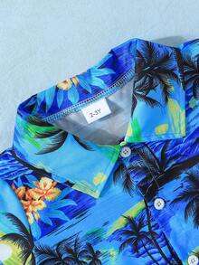 Set 3pcs/Set Pakaian Anak Laki-laki Gaya Liburan, Kemeja Lengan Pendek Bermotif, Celana Pendek & Topi, Modis Minimalis 2025 Terlaris di Musim Panas - Biru - View 4