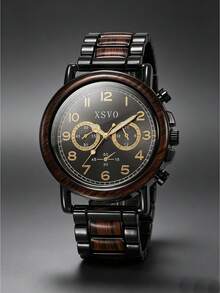 XSVO 奢华计时石英表，木纹钢表带，多功能腕表，青少年日常礼物，1件/套 - 鏽棕色 - 查看 4