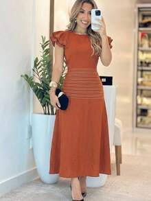 Women's Midi Dress With Short Sleeves And Ruffles. Autumn/Winter. - Naranja Quemada - Ver 1