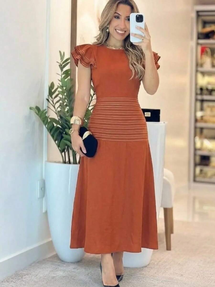 Women's Midi Dress With Short Sleeves And Ruffles. Autumn/Winter. - Naranja Quemada - Ver 1