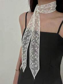 1 pieza Bufanda de encaje suave y elegante, bufanda bordada con flores de moda, adecuada para damas de oficina, se puede usar como muñequera, diadema, pañuelo o bufanda para vestido - Blanco - Ver 2
