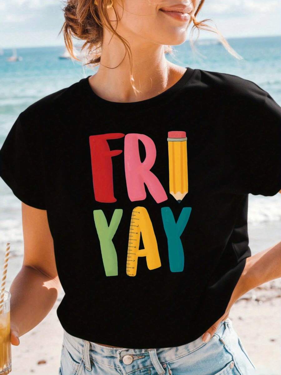 Women'S Oversized Loose-Fit T-Shirt With "FRIDAY" Letter & Pencil Graphic Print - Casual Crew Neck Short Sleeve Top For Casual Attire & Parties | Playful Weekend Outfits | All-Season Comfort | Teacher Apparel | Easy-Care Versatile Wardrobe StapleWomen's Basic Short Sleeve T-Shirt Standard Size Casual  Tee - màu đen - Xem 1