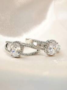 1pc Classic Fashion Wedding Ring, Women's Copper Plated Cubic Zirconia Closed Ring - Silver - View 2