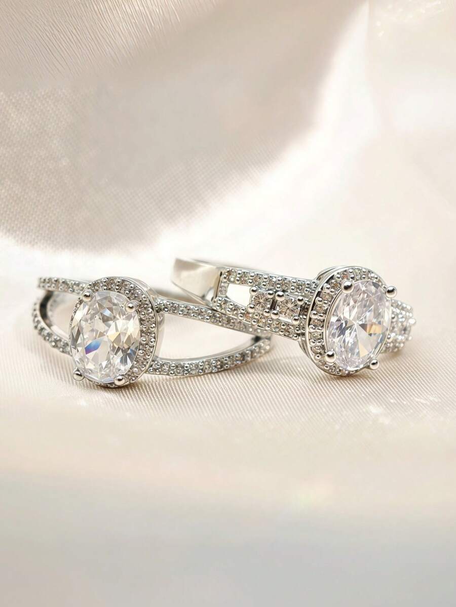 1pc Classic Fashion Wedding Ring, Women's Copper Plated Cubic Zirconia Closed Ring