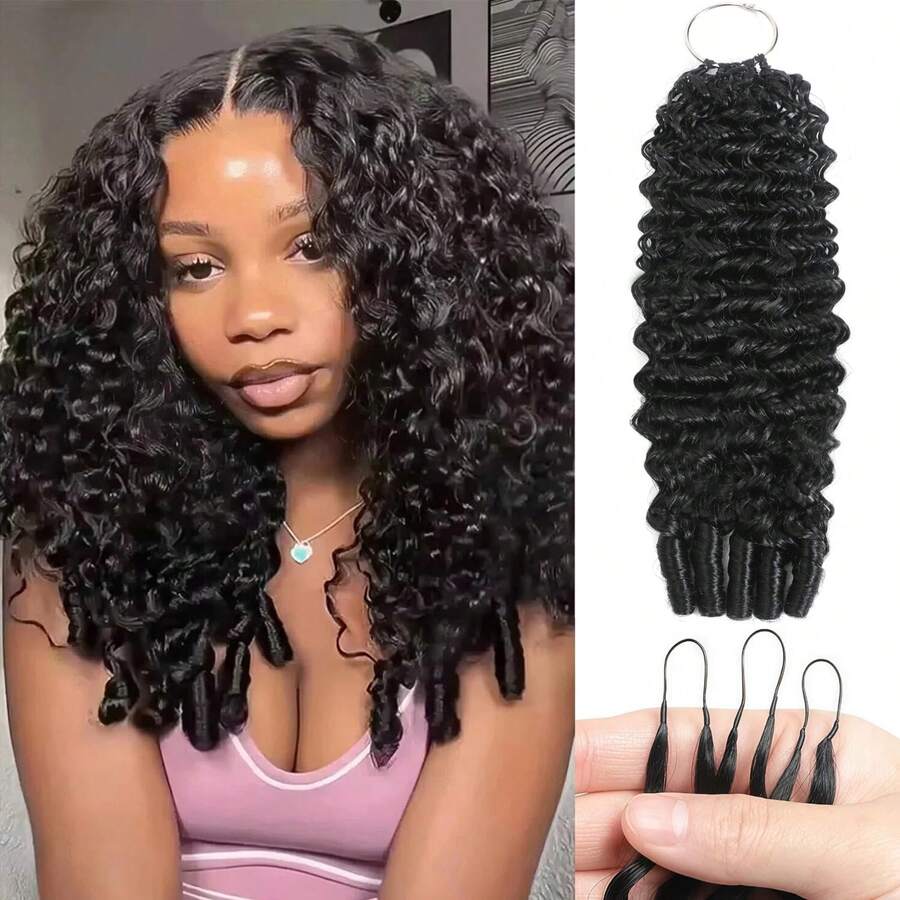 Burmese Curly Human Crochet Hair 18inch 1Pcs 50g Knotless Pre-Separated Feather Crochet Real Human Hair Lightweight Reusable Remy Hair Extensions For Women Natural Black Color - Natural Black - 查看 1