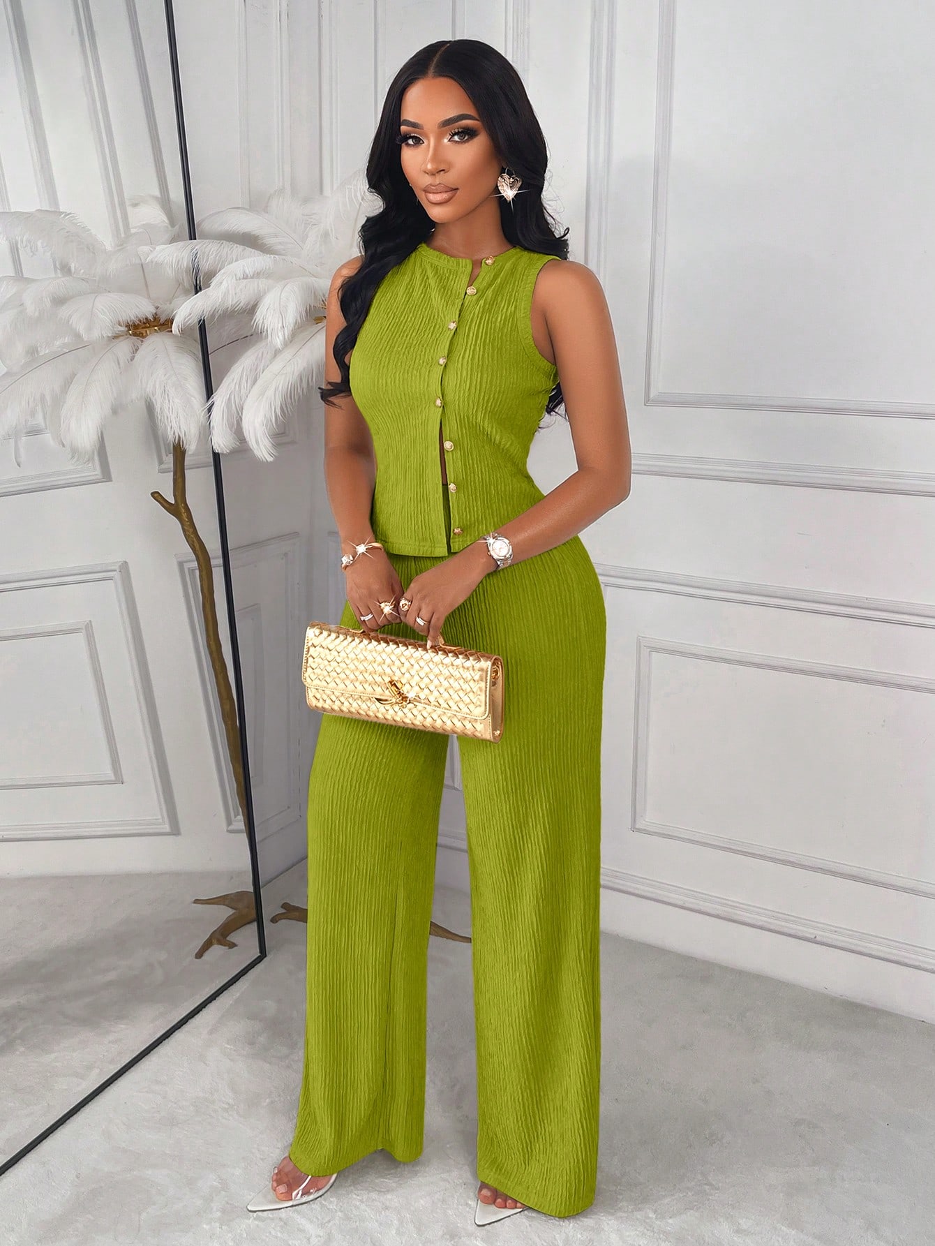Amarilo Striped Sleeveless Top And Straight Leg Pants 2 Piece Set, Elegant