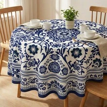 1pc Blue & White Mandala Tile Vintage Print Tablecloth, Retro Mediterranean Style Fabric Decorative Dining Tablecloth, Suitable For Kitchen, Restaurant, Outdoor Party, Summer Home Decor Arrangement - A - View 3