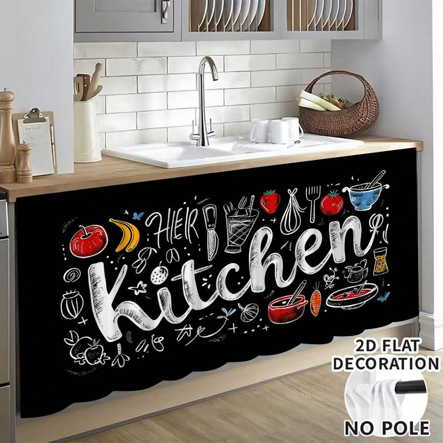 1 pieza, Decoración del hogar, Falda de mesa con estampado de tema de cocina, Cortina pequeña de cocina, Cubierta de gabinete de cocina, Con agujeros para cortina, Fácil de colgar, Rectangular, Tejido a máquina, Lavable a máquina, Decoración y accesorios de cocina, Perfecto para gabinetes de cocina y decoración del hogar - Multicolor - View 1