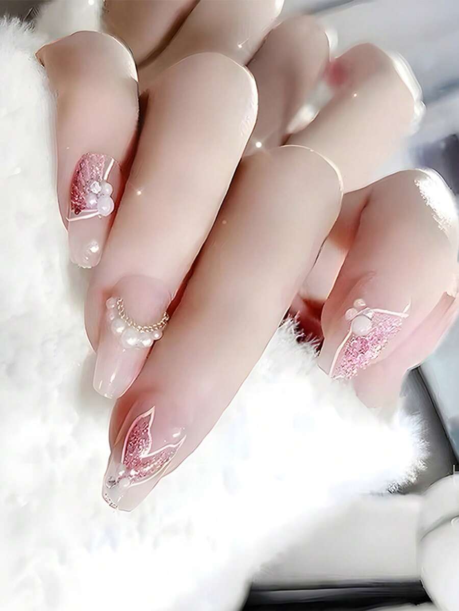 24片装按压式美甲贴片,棺材形假指甲,快速美甲贴纸,适合派对使用 - 彩色 - 查看 1