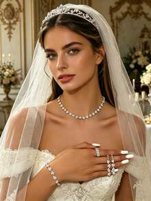 时尚水钻婚庆首饰套装，包括项链、耳环、手链和戒指，优雅闪亮，奢华精致，适合女士婚礼、晚宴、舞会及其他场合佩戴。 - 銀色 - 查看 7