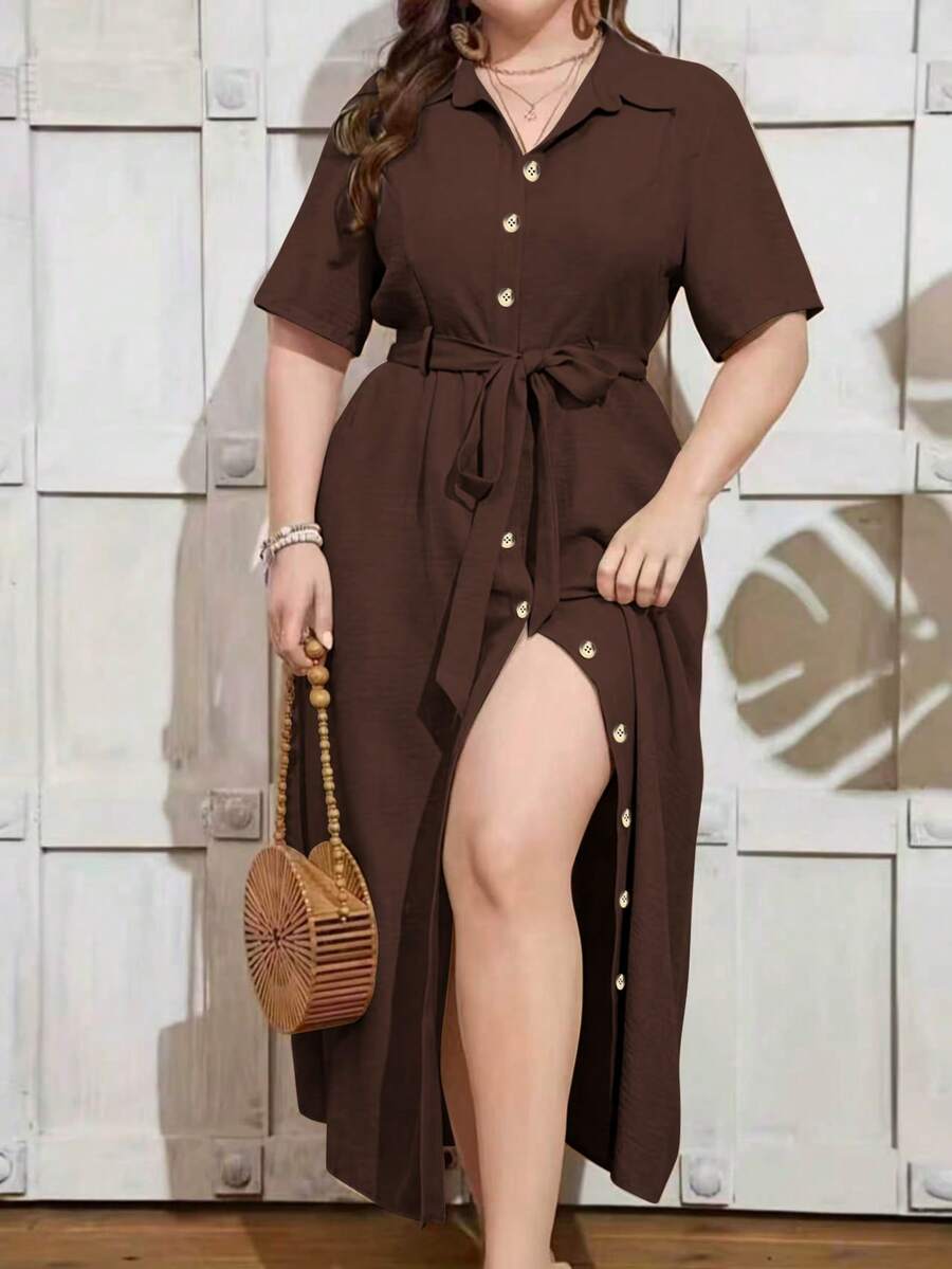 Solid Color Front Button Waist Belt Pocket Office Vacation Plus Size Multi-Color Tie Button Shirt Dress, Straight Split Long Elegant Summer - Coffee - View 1