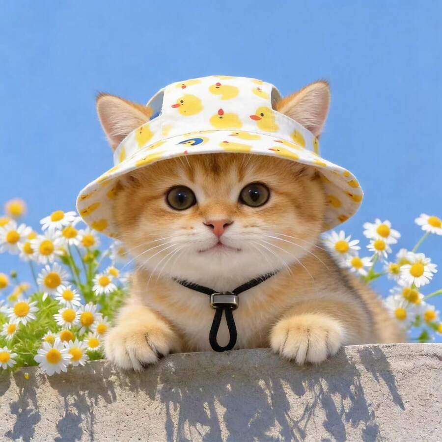 1pc Cute Polyester Wind-Resistant Sun Hat With Ear Holes, Adjustable, Anti-Shedding, Suitable For Small Pet Dogs Year-Round - Yellow - View 1