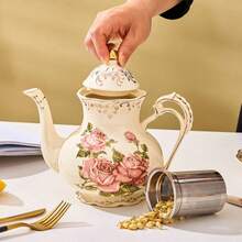 Exquisite European-Style Drinkware Set, Includes Large Teapot, Coffee Pot, Coffee Cups & Saucers, Tea Cups, Multiple Capacity Options, Porcelain Material With Gold Trim Design, Suitable For Family Gatherings, Halloween, Thanksgiving, Christmas, Father's Day, Mother's Day, Valentine's Day Gifts - Multicolor - View 7