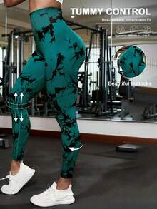 Leggings de compresión de cintura alta, ajustados, sin costuras y con diseño de línea sonriente para controlar la apariencia abdominal, para deportes de primavera - Verde - Ver 2