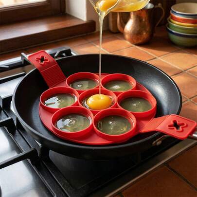 Molde rojo para tortitas y huevos con 7 cavidades, molde de silicona antiadherente para tortitas y huevos, moldes multifuncionales para tortitas de 7 cavidades, divertido utensilio de cocina redondo, apto para familias, restaurantes y colegios, imprescindible en la cocina, gadget de cocina